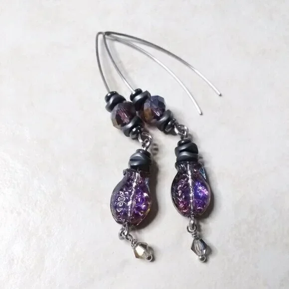 Purple + Black Iridescent Glass Fish Danglers ~ Goth + Beachy! Sea Life Earrings - Picture 9 of 13